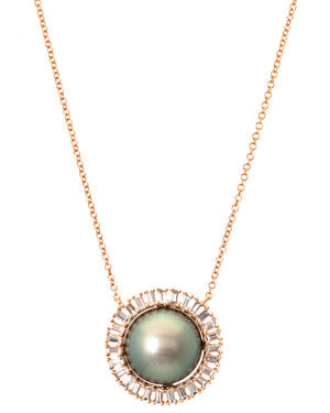 Baguette Diamond Tahitian Pearl Slice Necklace