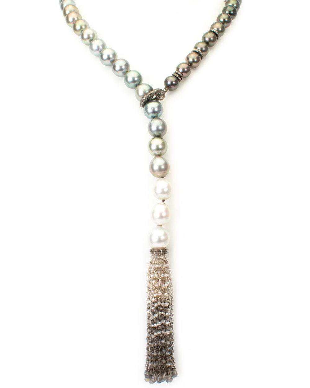 Pave Diamond Ombre South Sea Pearl Tassel Necklace
