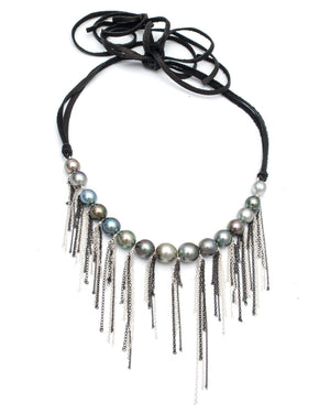 Tahitian Pearl Silver Fringe Adjustable Necklace