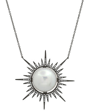 White Gold Diamond Pearl Sunburst Necklace