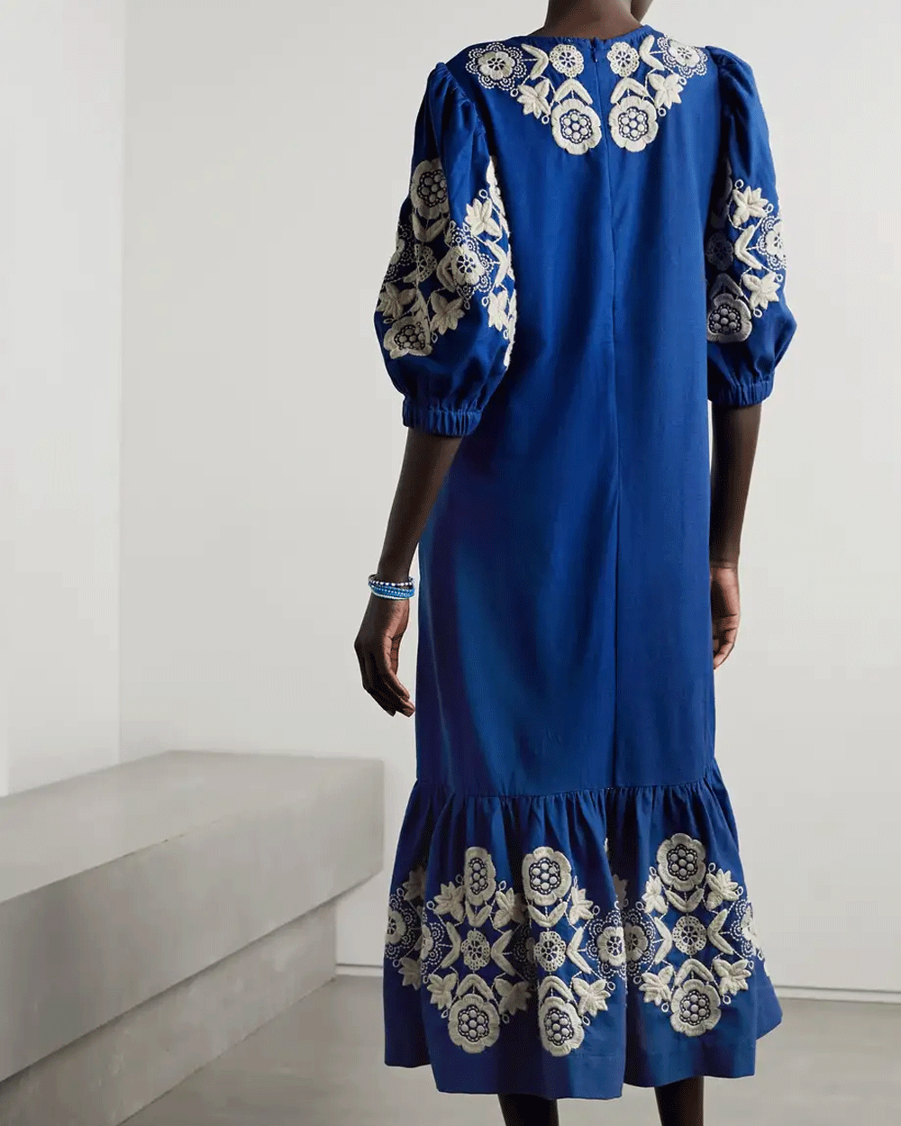 Blue Manuela Embroidered Puff Sleeve V-Neck Dress