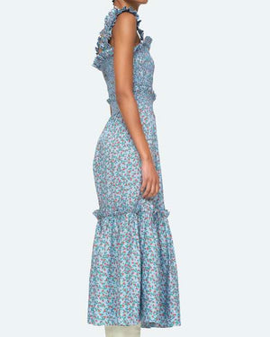 Blue Lilly Print Puff Sleeve Smocked Slip Dress