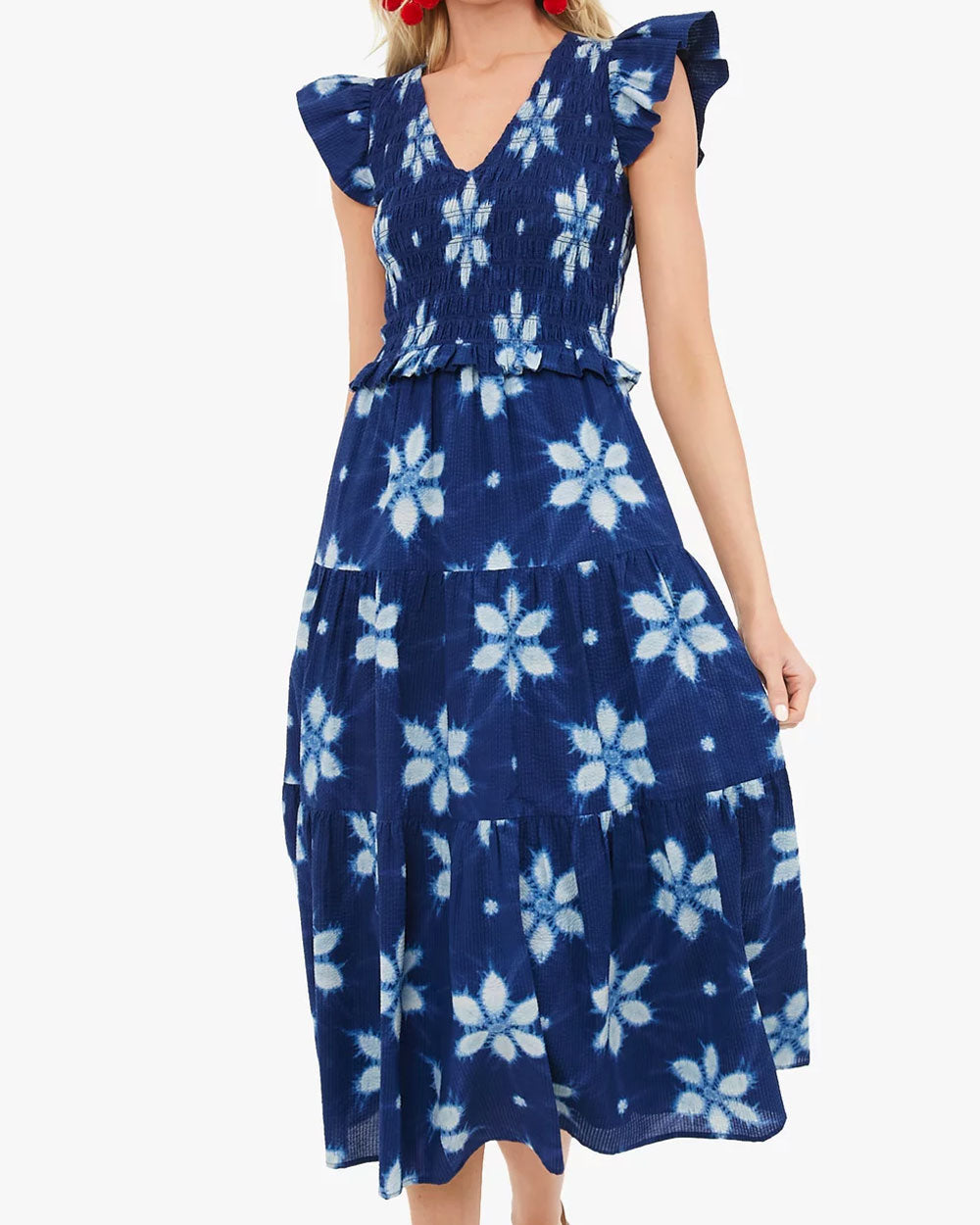 Navy Isla Print Smocked Tiered Midi Dress