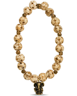 Carved Tea-Stained Bone and Brass Beaded Bracelet