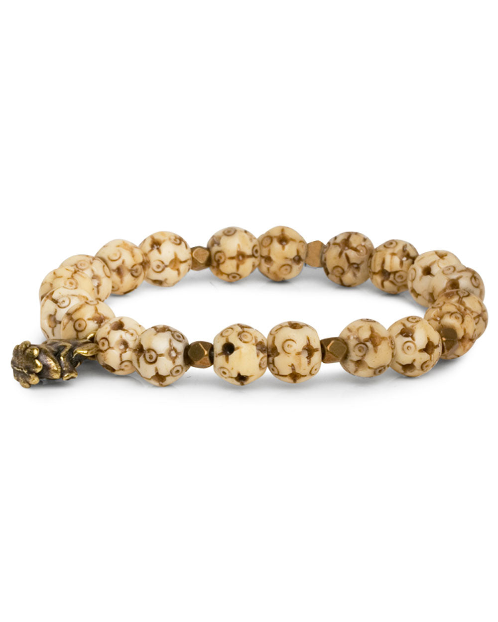 Carved Tea-Stained Bone and Brass Beaded Bracelet