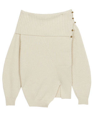 Cream Cashmere Knit Foldover Neck Sweater
