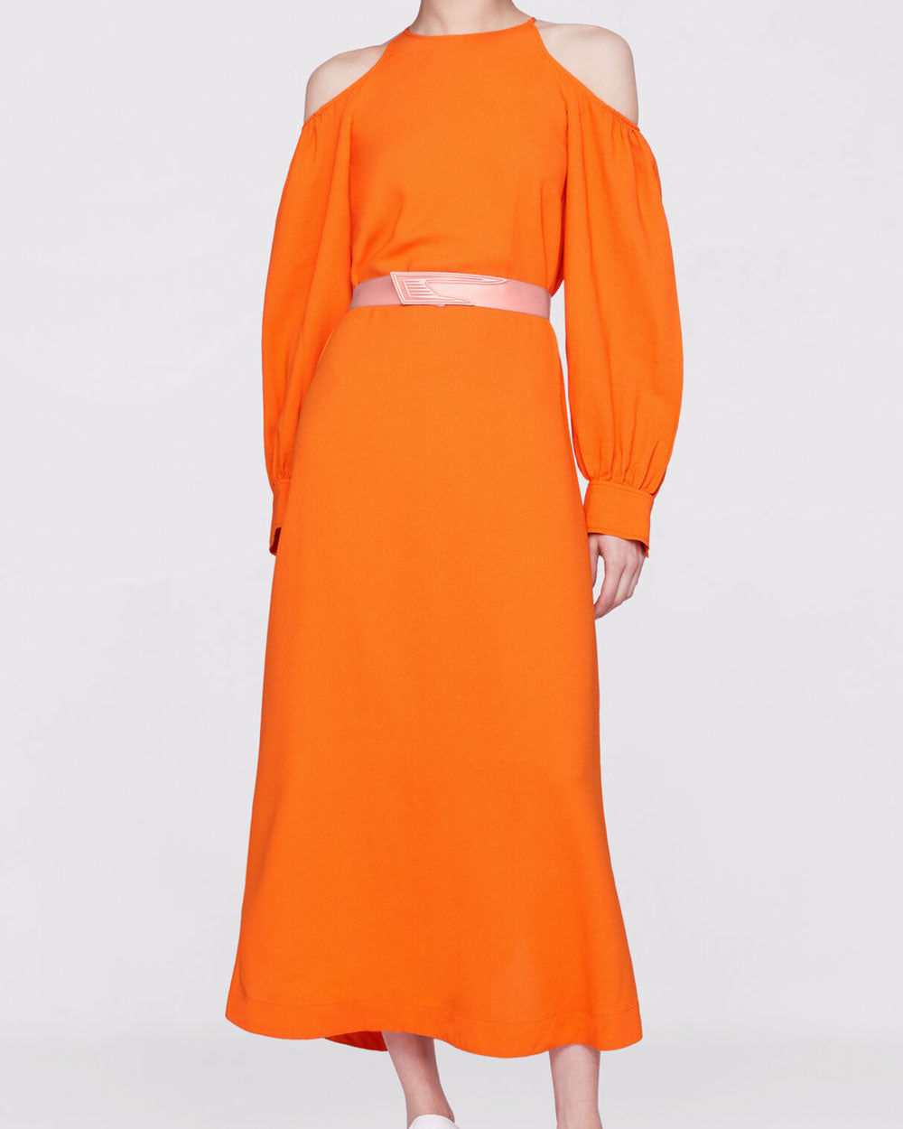 Orange Open Shoulder Belted Midi Dress