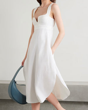 White Fluid Linen Midi Dress