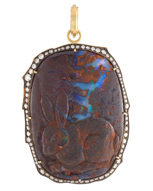 Diamond and Opal Hand-Carved Bunny Pendant