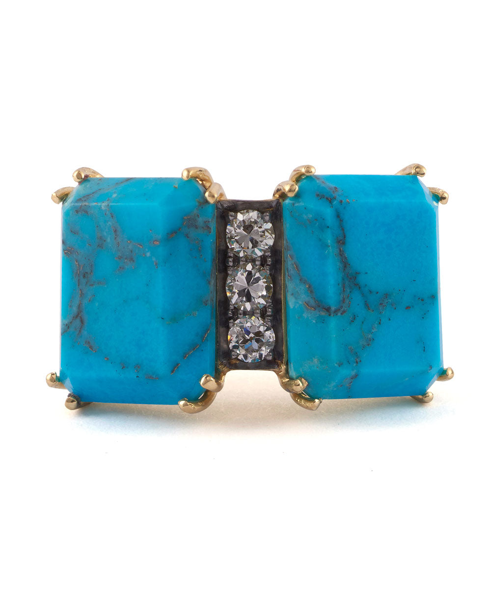 Yellow Gold Double Turquoise and Diamond Ring