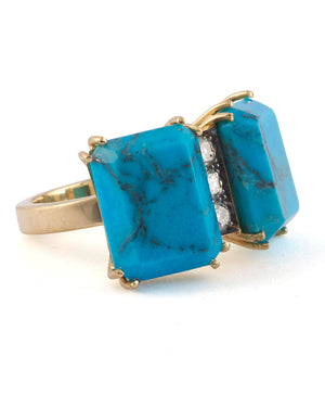 Yellow Gold Double Turquoise and Diamond Ring