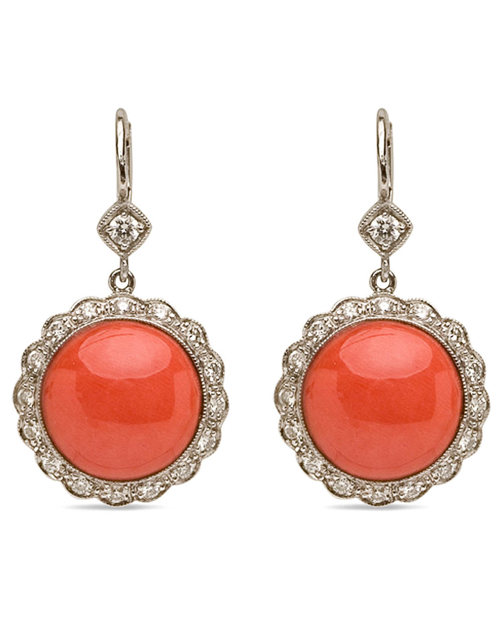 Platinum Coral and Diamond Flower Drop Earrings