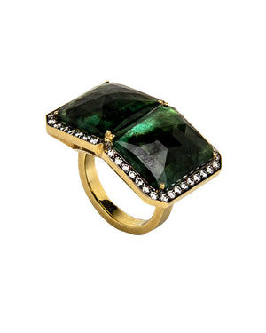 Yellow Gold Double Emerald Faceted Ring