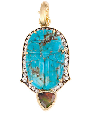 Old European Cut Diamond Carved Turquoise Scarab Pendant