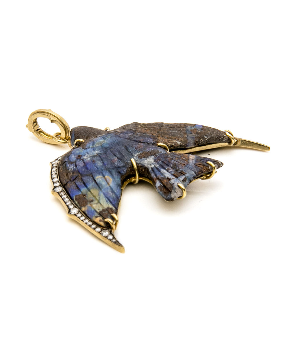 Reclaimed Diamond and Carved Opal Swallow Pendant