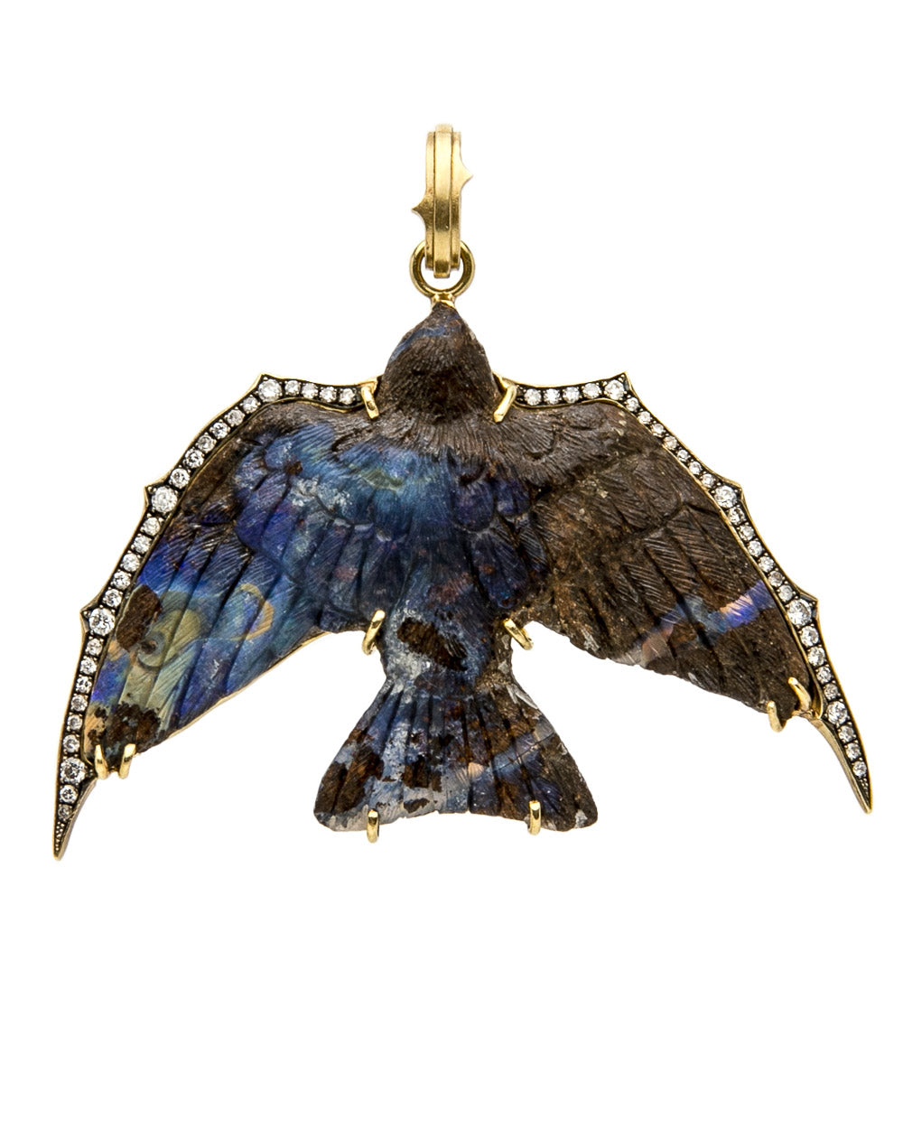 Reclaimed Diamond and Carved Opal Swallow Pendant