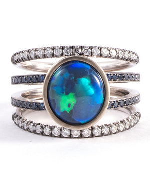 White Gold Opal Sapphire and Diamond Spiral Ring