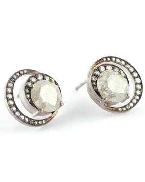 White Gold Salt and Pepper Diamond Moon Stud Earrings