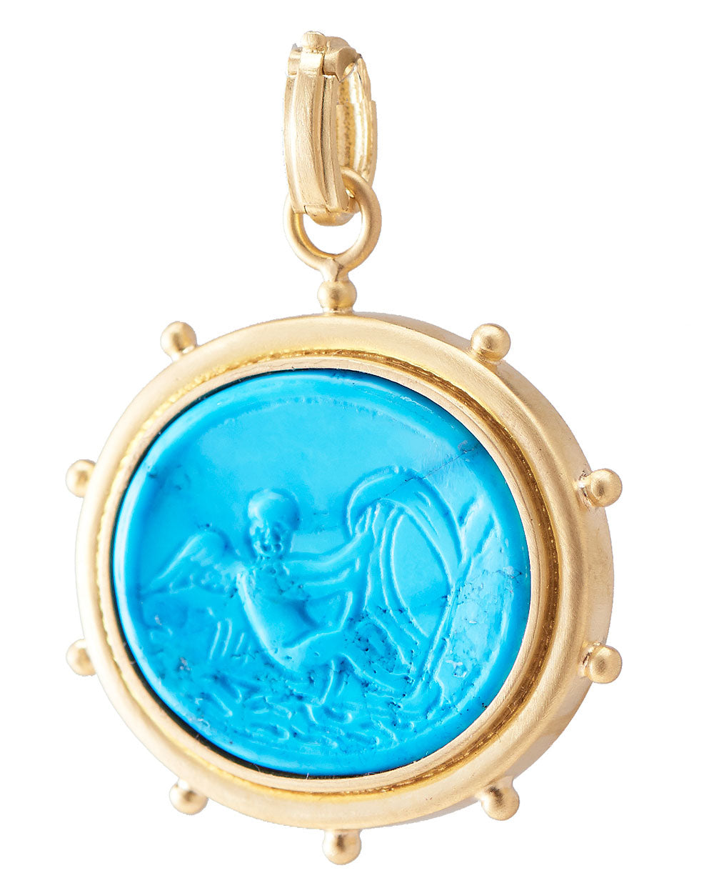 Yellow Gold Carved Turquoise and Diamond Pendant