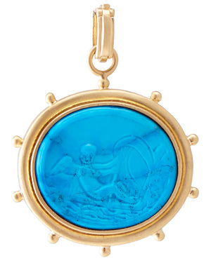 Yellow Gold Carved Turquoise and Diamond Pendant