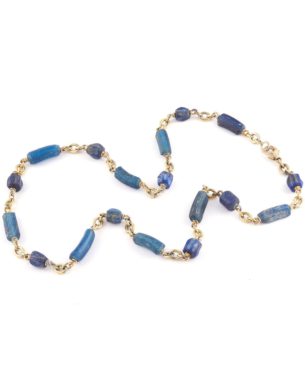 Yellow Gold Hand Blown Glass and Lapis Beaded Link Necklace