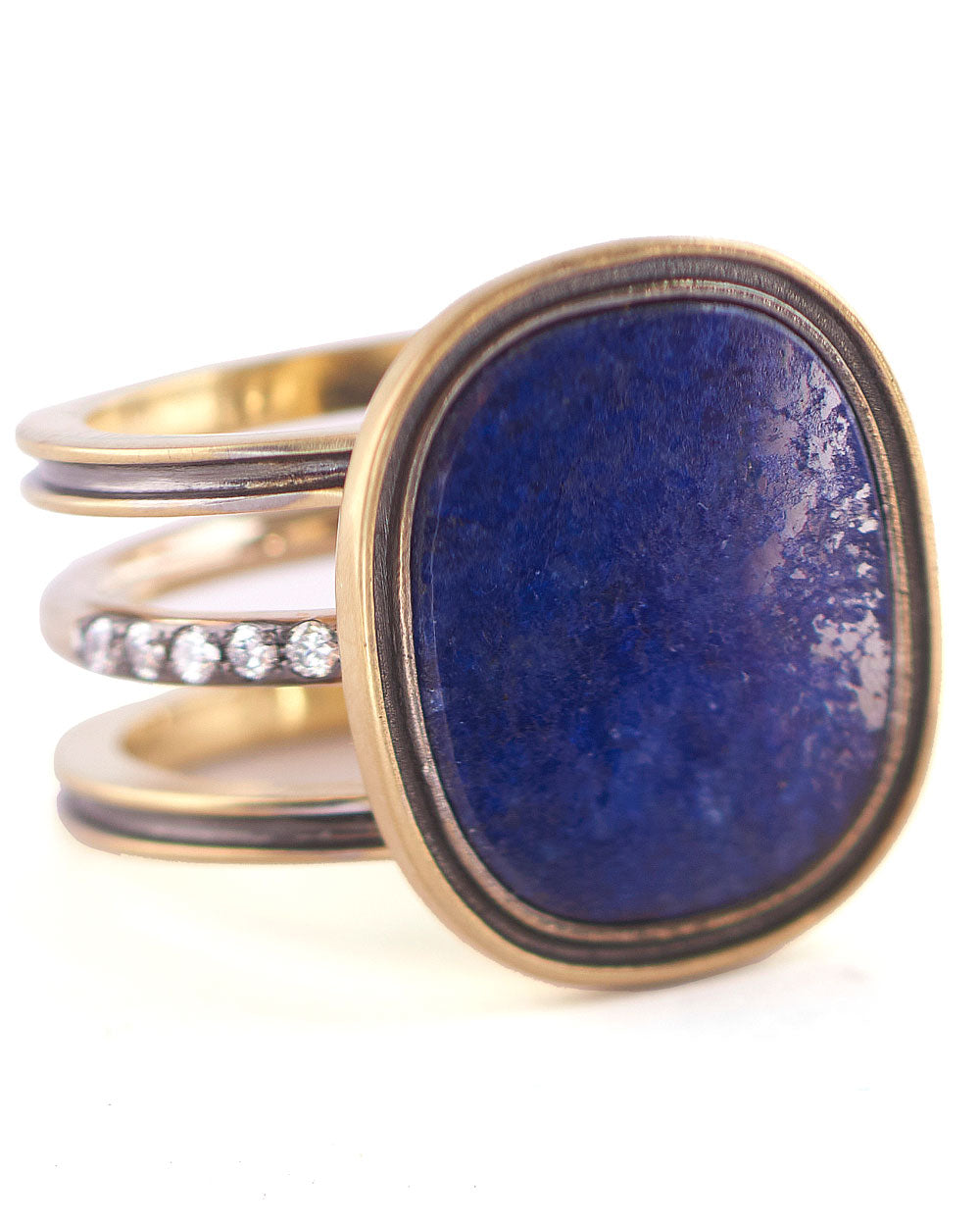 Yellow Gold Lapis and Diamond Oval Triple Shank Ring