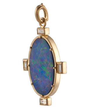 Yellow Gold Oval Opal and Baguette Diamond Pendant