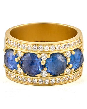 Yellow Gold Rose Cut Sapphire and Diamond Wide Band Ring