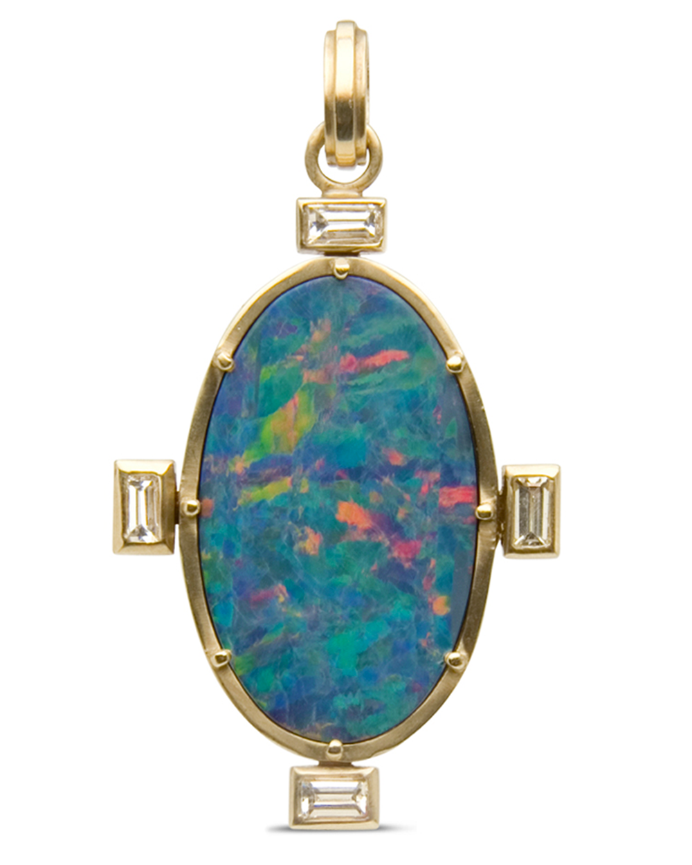 Yellow Gold Oval Opal and Baguette Diamond Pendant