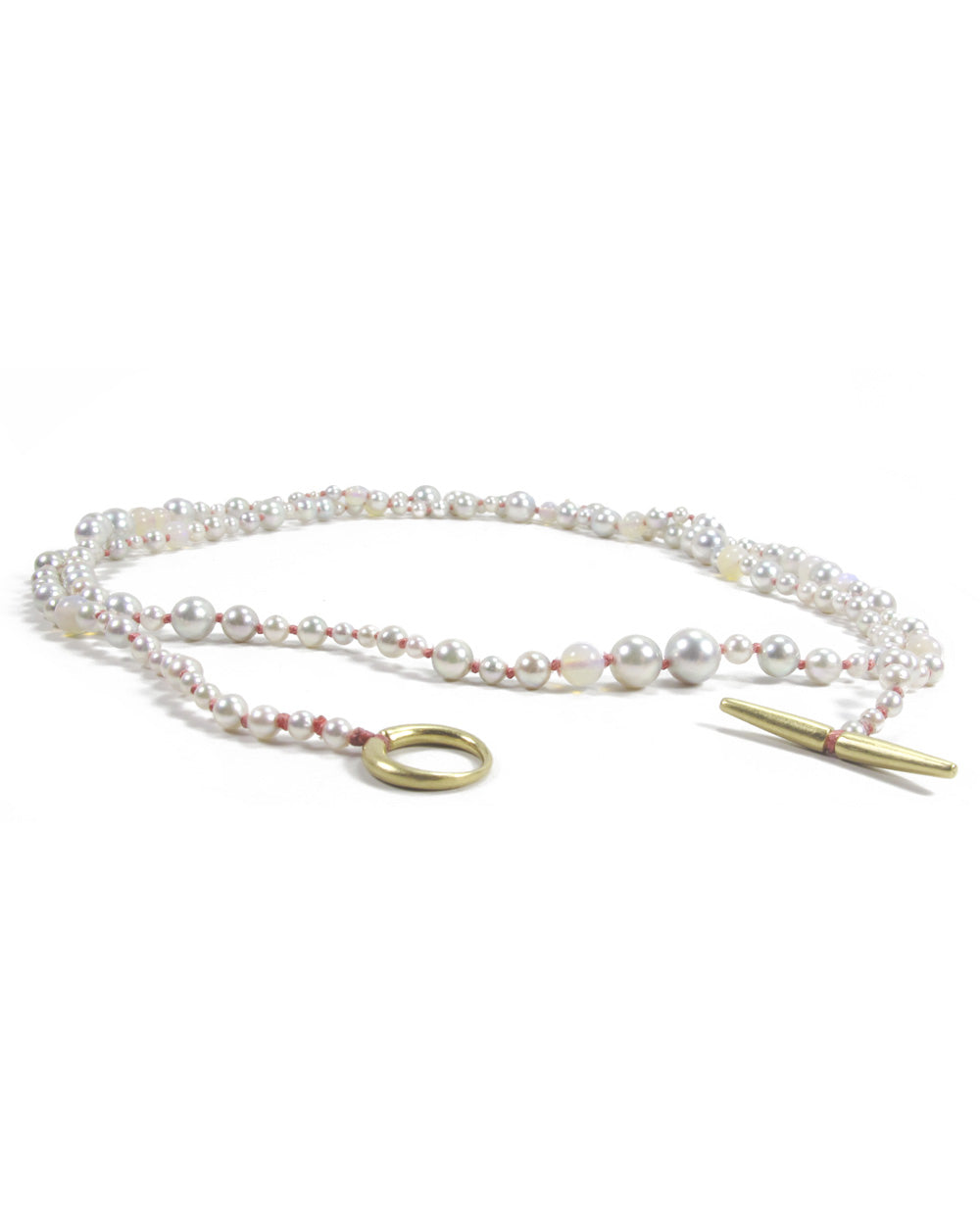14k Pearl and Opal Necklace on Coral Silk Thread