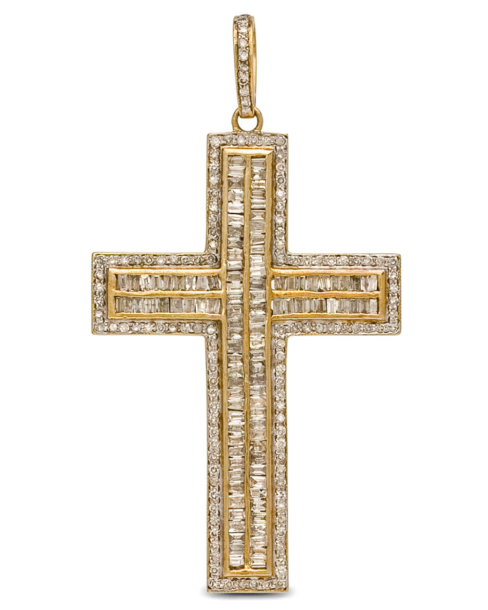Brass Full Baguette and Pave Diamond Cross Pendant