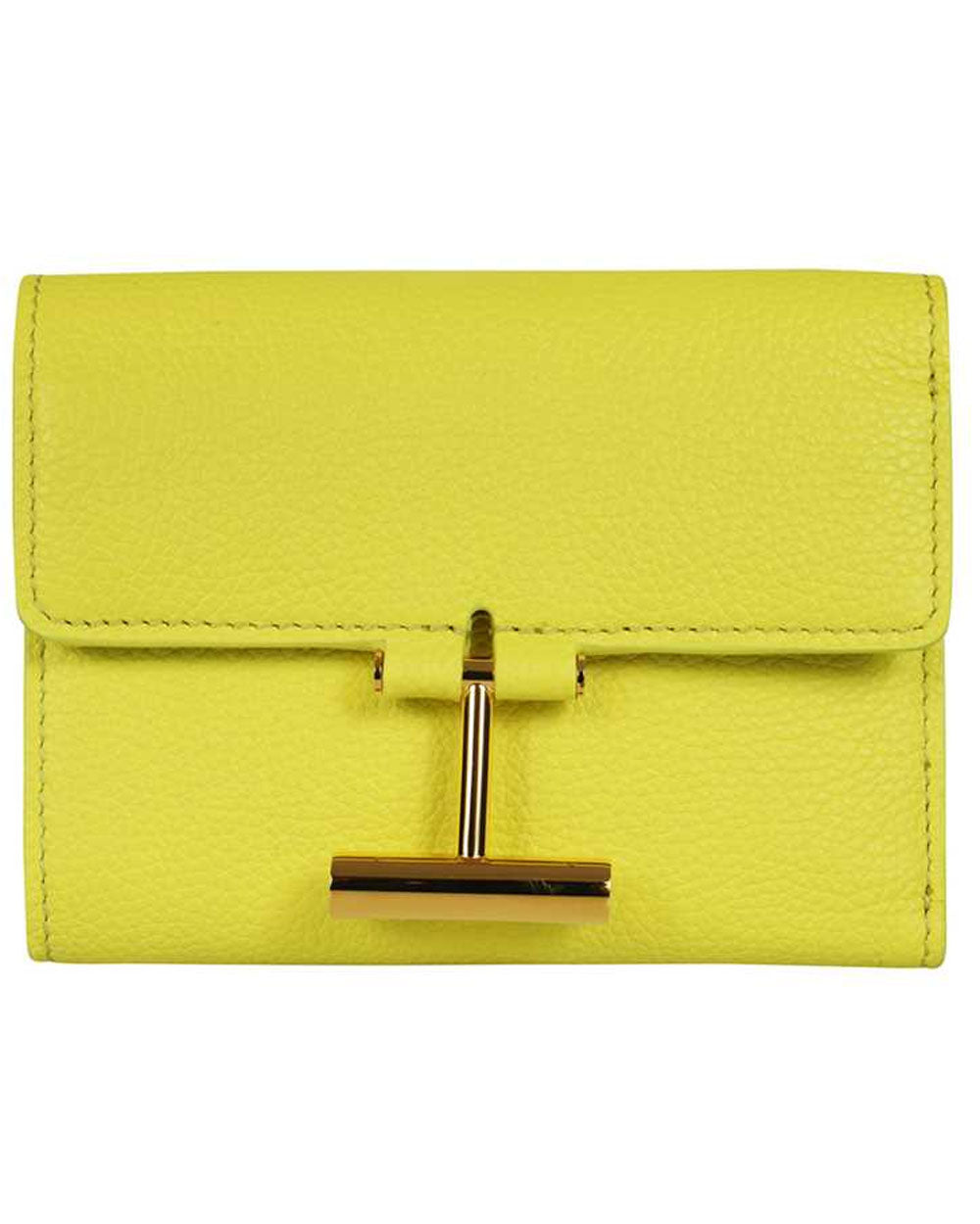 Grain Leather Compact Wallet in Acid Yellow