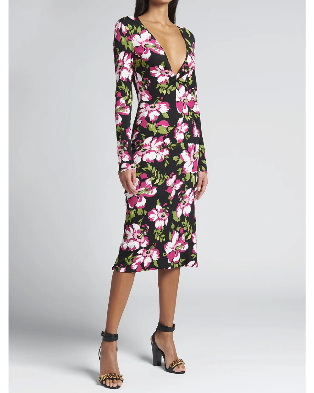 Pink Black Hibiscus Printed Long Sleeve Midi Dress