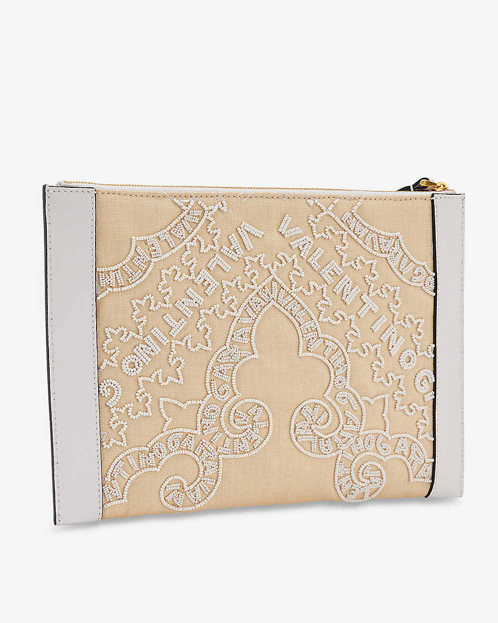 Small Bead Embellished Raffia Pouch in Bianco