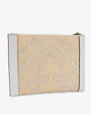 Small Bead Embellished Raffia Pouch in Bianco