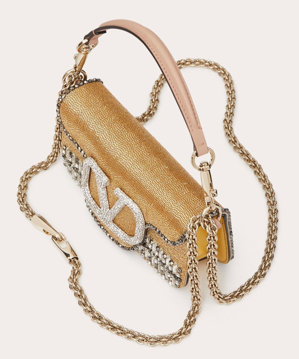 Loco Embroidered Small Shoulder Bag in Gold Crystal