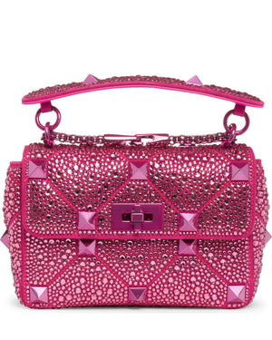 Roman Stud Medium Bag with Chain and Rhinestones in Rose Pink