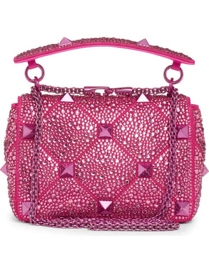 Roman Stud Medium Bag with Chain and Rhinestones in Rose Pink