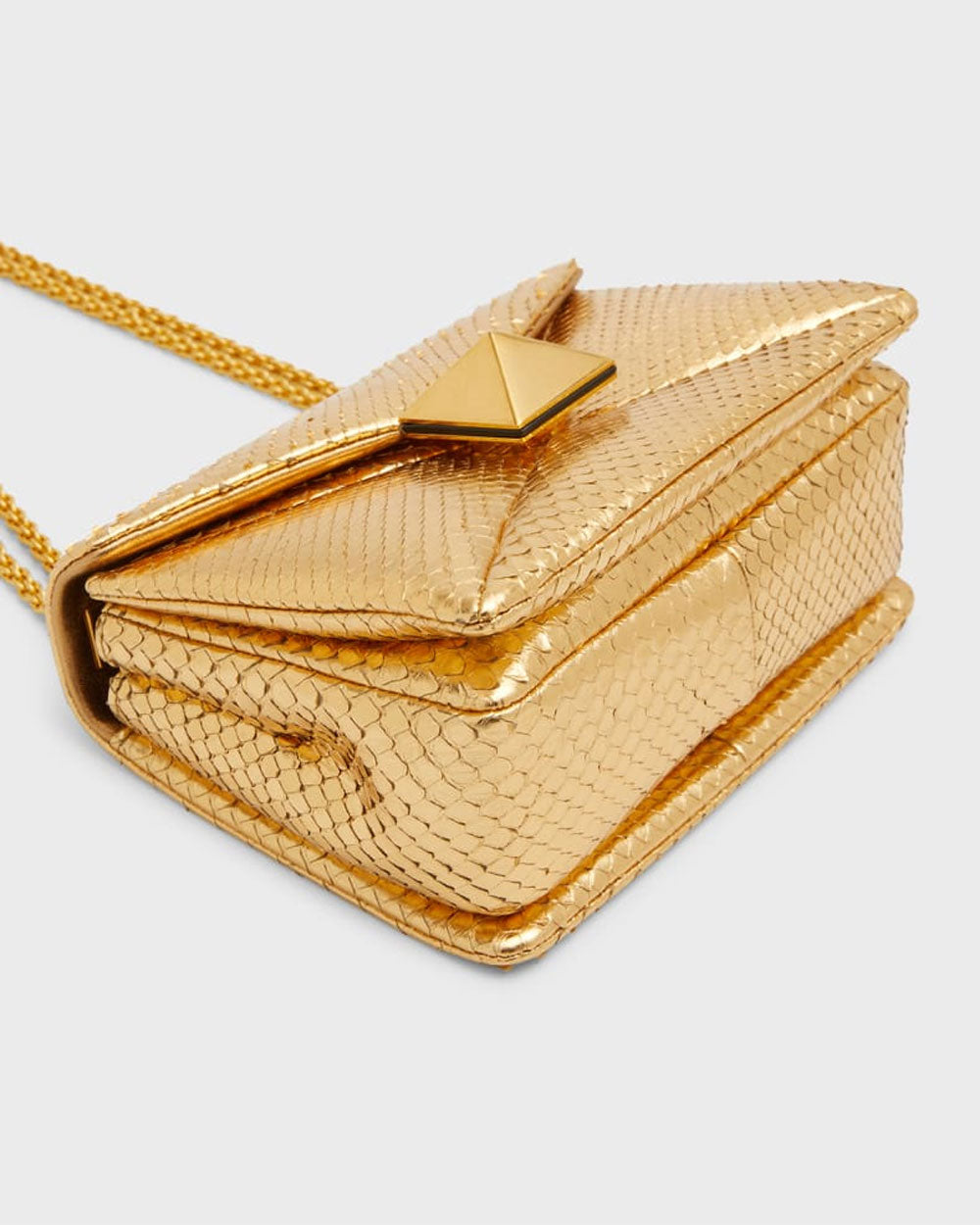 One Stud Small Metallic Snakeskin-Embossed Shoulder Bag in Antique Brass