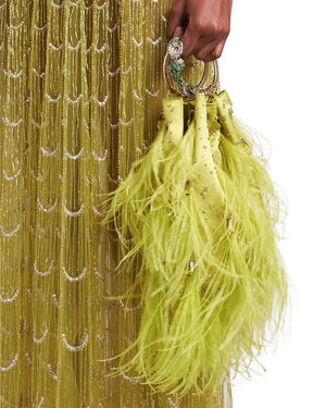 Feather Embellished Clutch Bag in Verde Lime