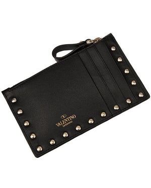 Rockstud Grainy Leather Zipped Coin Purse in Nero