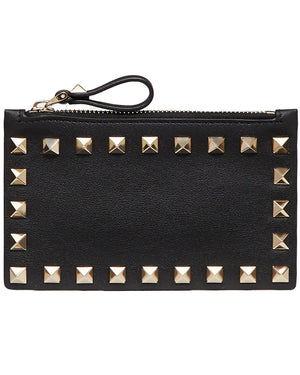 Rockstud Grainy Leather Zipped Coin Purse in Nero