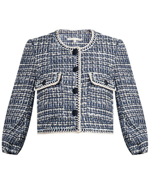 Blue Tweed Collarless Brim Jacket