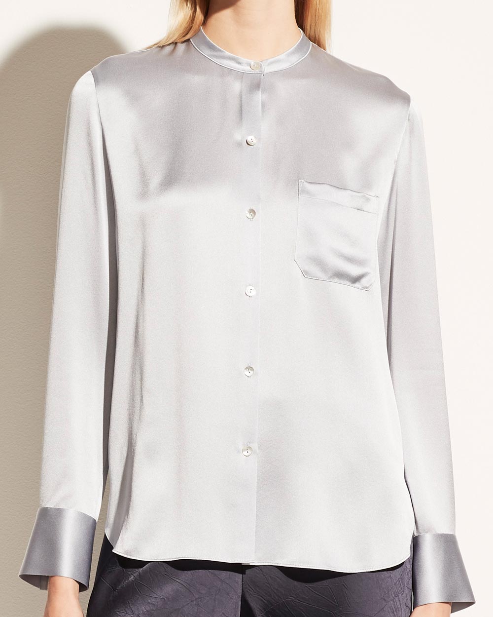 French Lilac Banded Collar Button Up Shirt