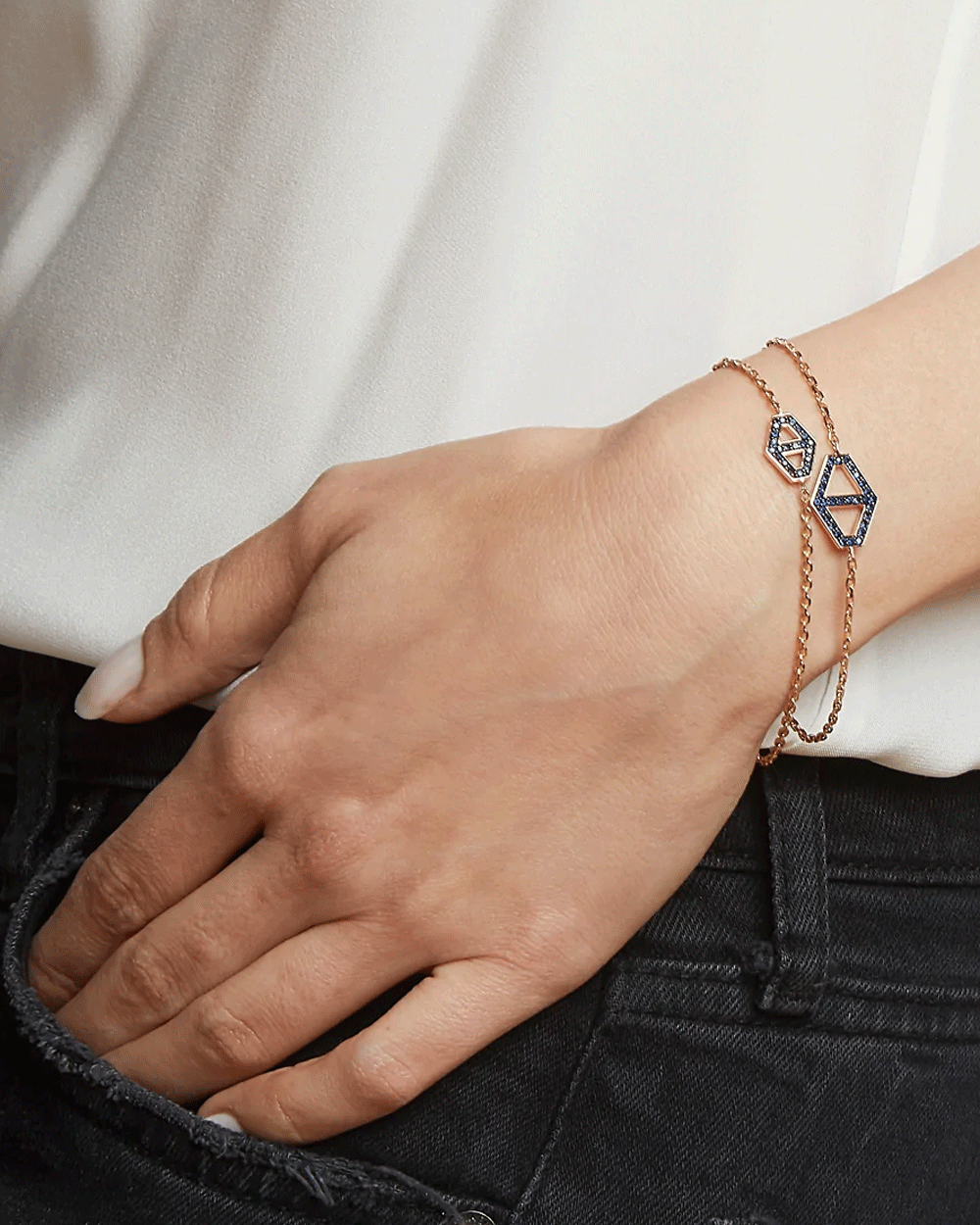 18k Rose Gold Bracelet with Double Sided Diamond and Blue Sapphire Hex