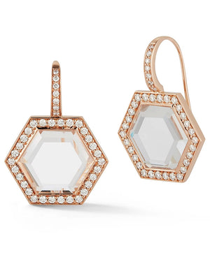 Bell Rose Gold, Rock Crystal and Diamond Hexagon Drop Earrings