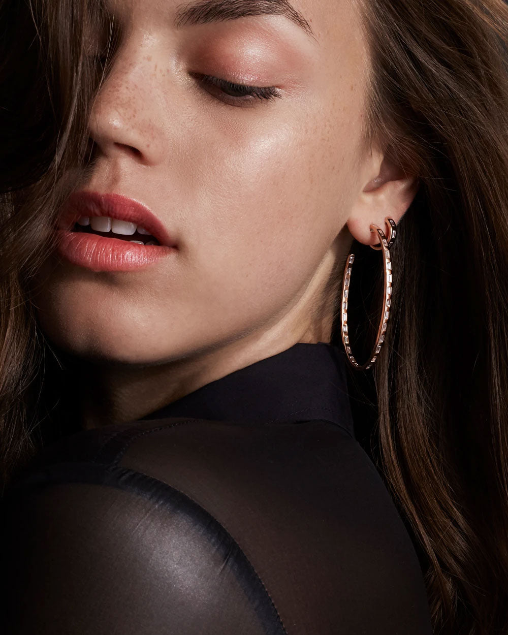 Ottoline Rose Gold and Diamond Baguette Round Hoop Earrings