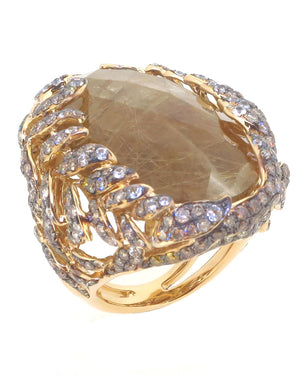 Golden Diamond and Rutilated Quartz Oval Ring