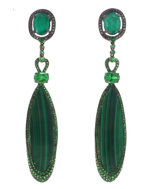 Malachite and Emerald Long Drop Earrings