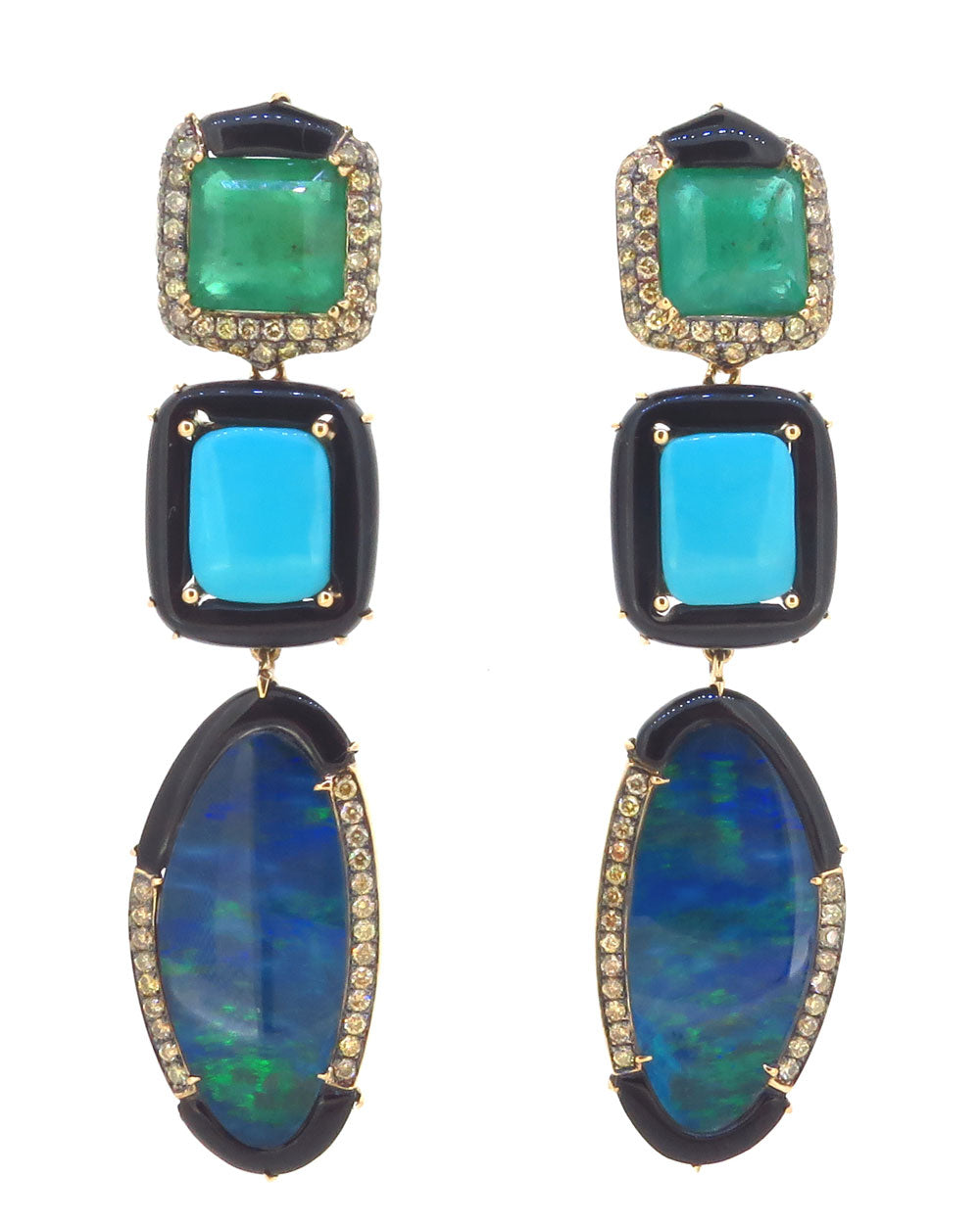 Opal Emerald and Agate Double Drop Earrings